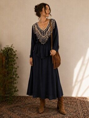 Vintage 80s Black Crochet Maxi Dress Peplum Witchy Goth Whimsigoth Size Medium
